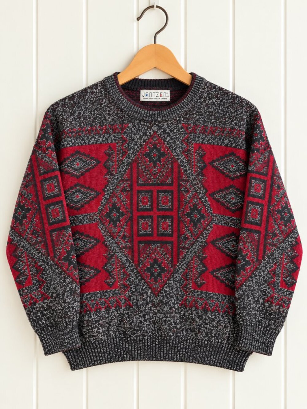 Jantzen Knit Sweater Men's Large Geometric Burgundy Black Vintage Cosby